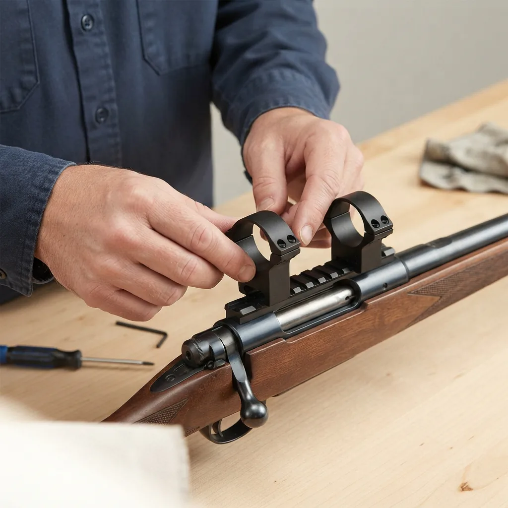 Hands placing the rimfire mounting rings onto a rifle's scope rail.