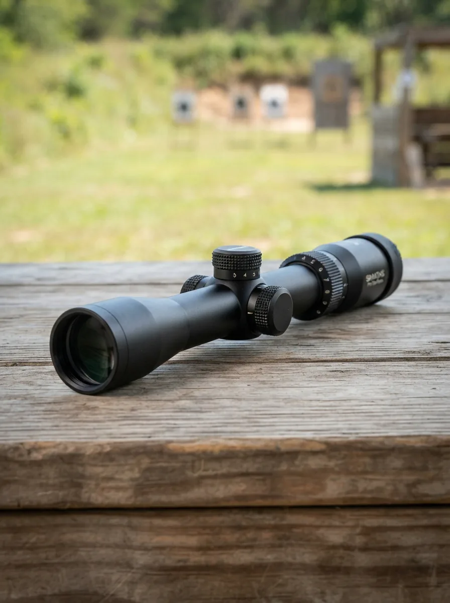 Simmons Pro Rimfire 3-9x32mm black riflescope displayed on a shooting range bench.