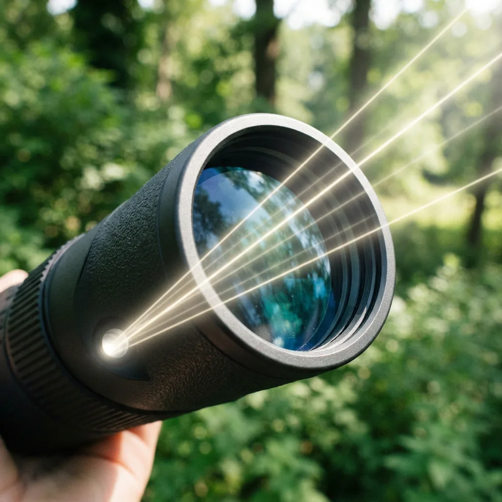 Light passing through binocular lenses, illustrating clarity and coating quality.