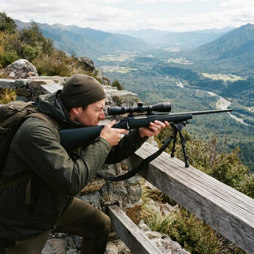 Simmons Pro Hunter scope being used to observe distant terrain from a high vantage point.