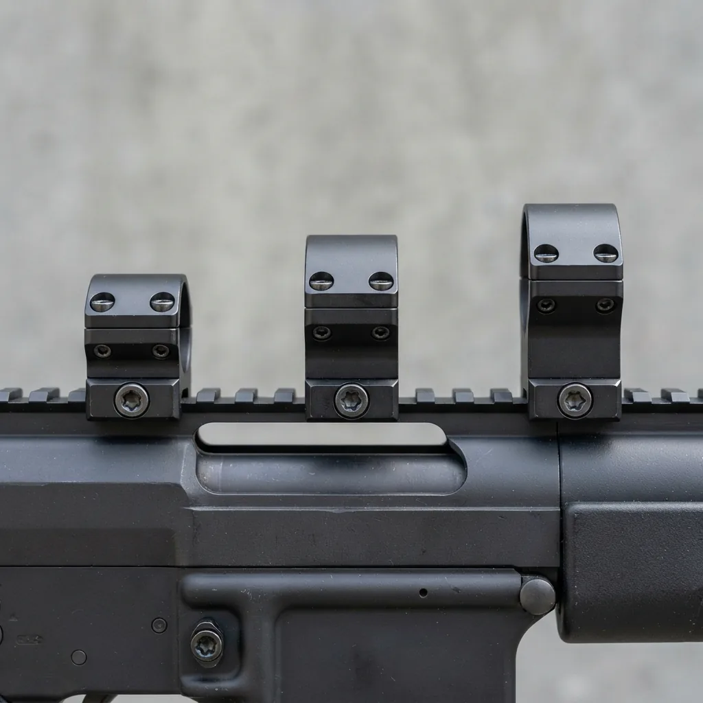 A side profile view showing low, medium, and high scope rings mounted on a rifle rail.