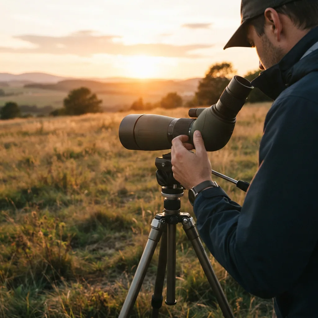 A person looking through a spotting scope with adjustable magnification set in a field at dusk.