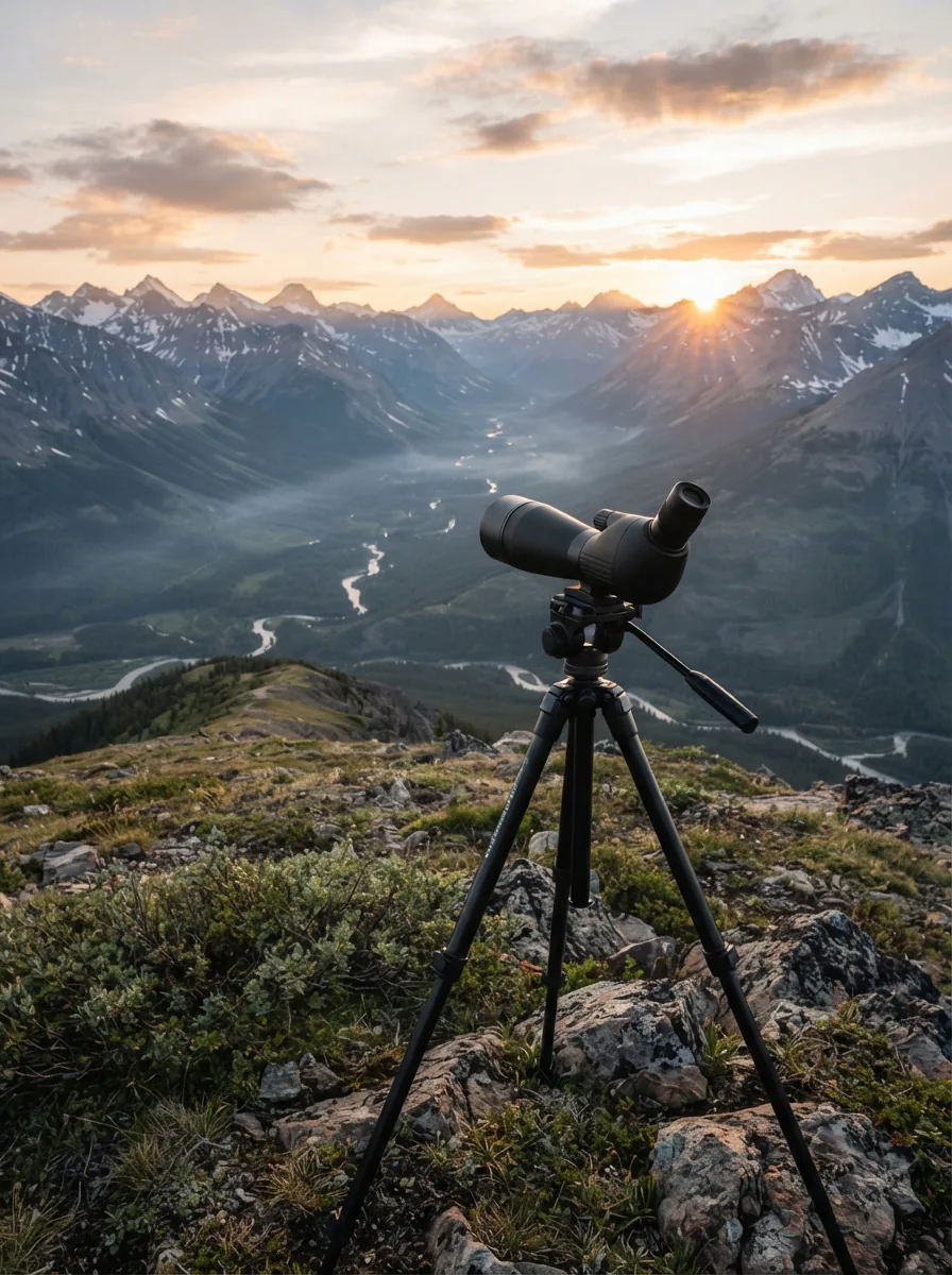 A Simmons Venture spotting scope mounted on a tripod overlooking a vast, scenic valley at sunrise.