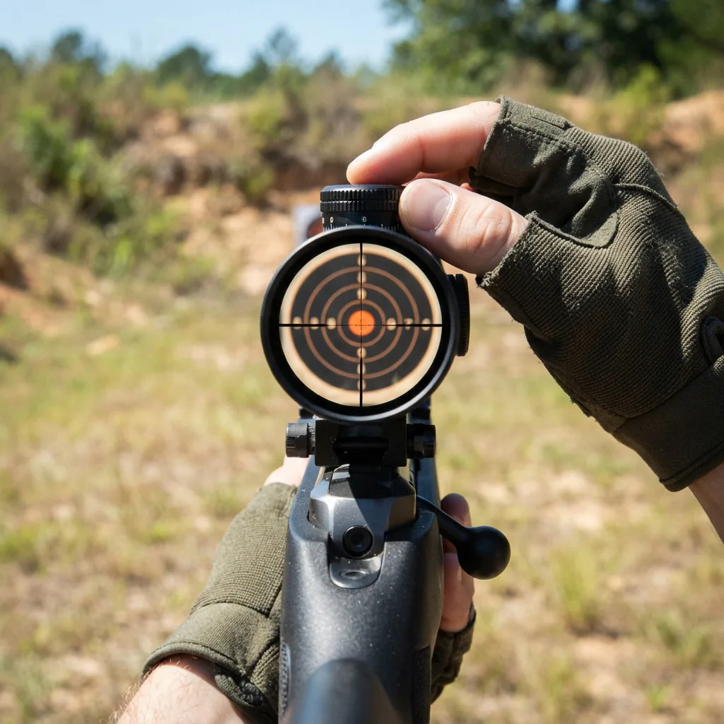 A view through the scope at a target, with a hand adjusting the elevation turret.