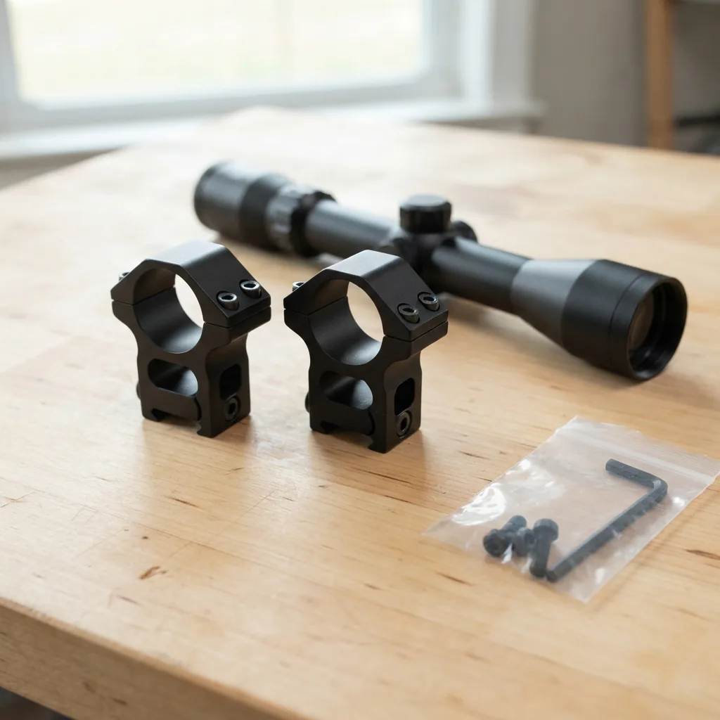Simmons 1-inch medium rings designed for .22 caliber rifles on a wooden surface.