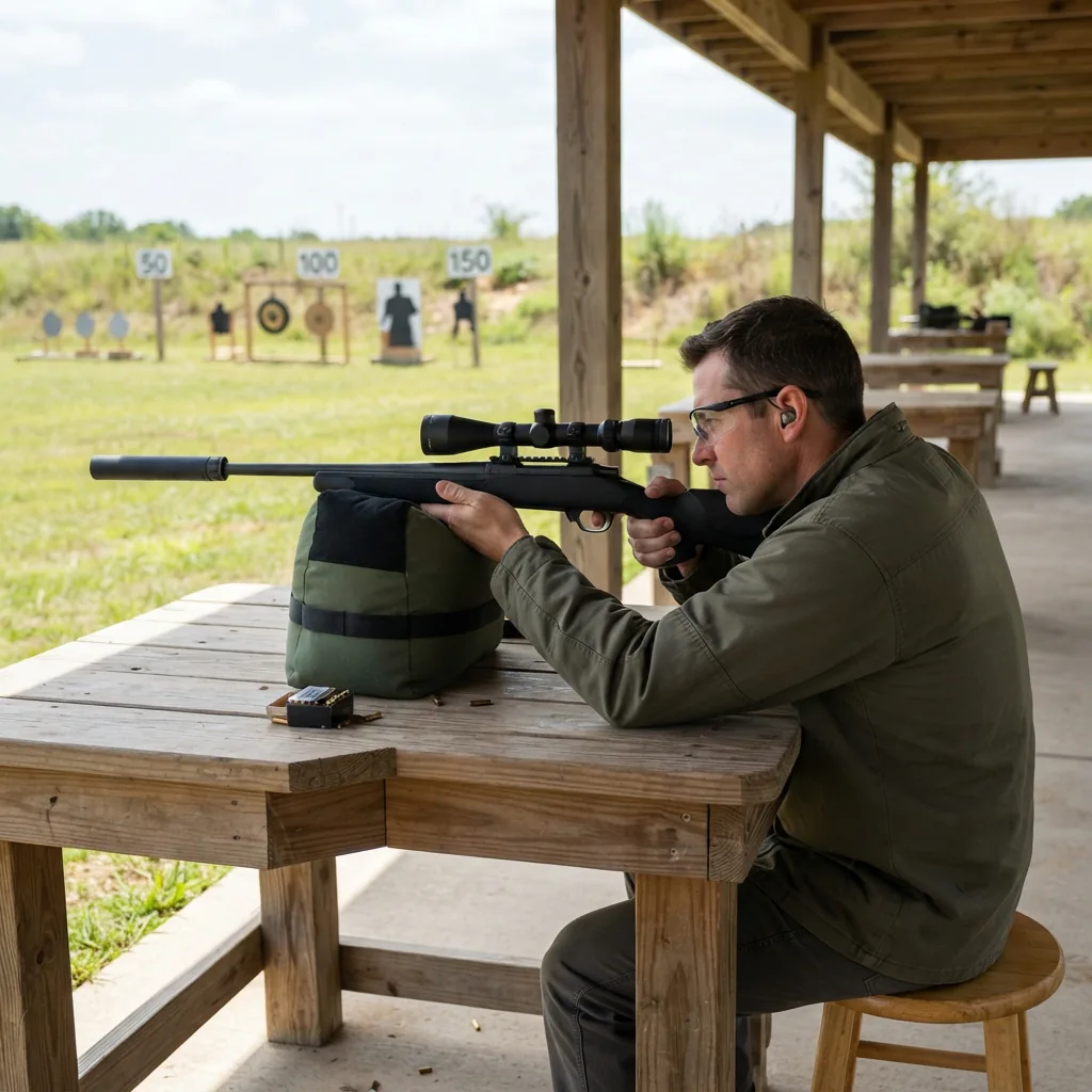 A shooter at a bench rest using a rifle with a Simmons Pro Rimfire Riflescope to aim at steel targets.
