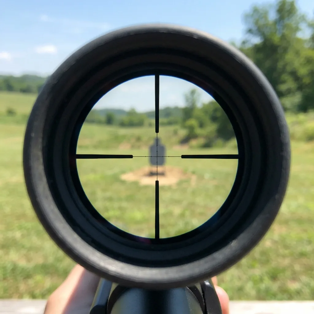 View through a Simmons riflescope showing a Truplex reticle aimed at a distant target