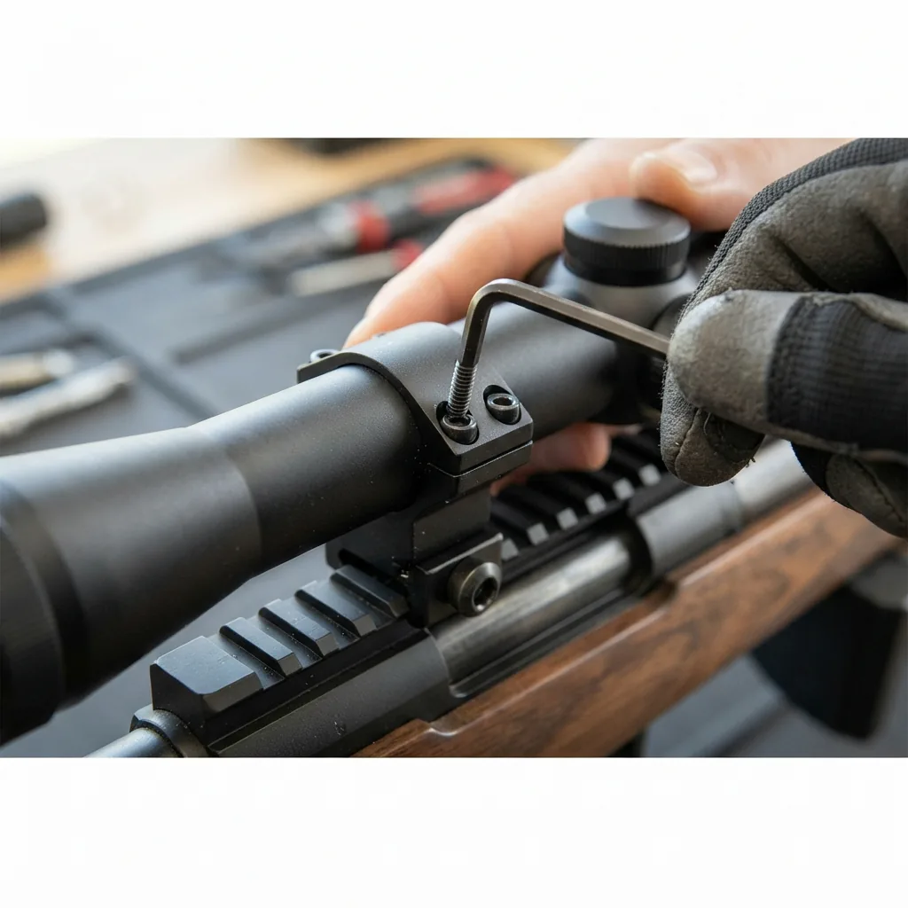 Hands using a screwdriver to tighten the scope rings, mounting the Simmons Pro Rimfire scope onto a rifle rail.