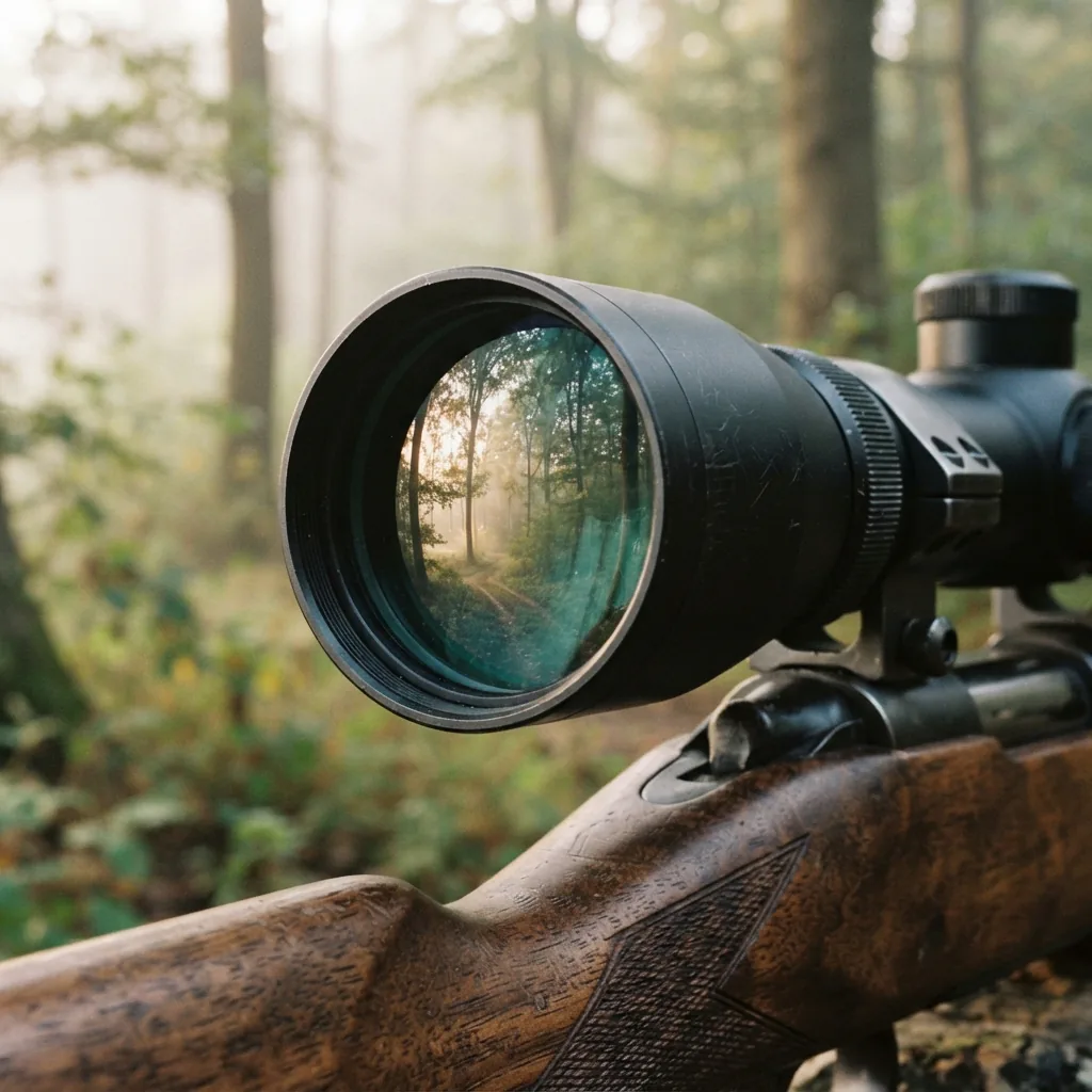 A shotgun scope objective lens capturing morning light in a forest setting.