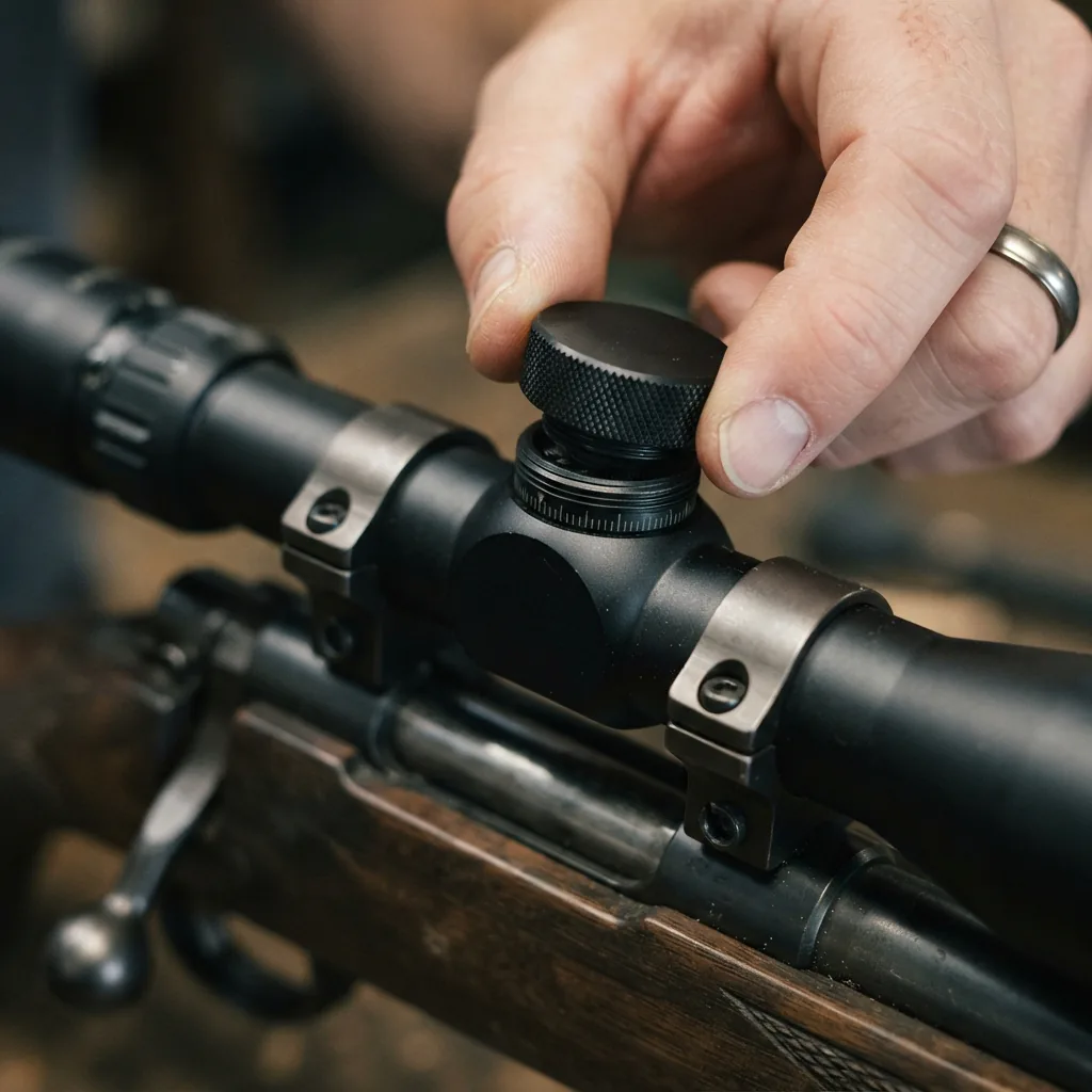 A hand screwing a protective cap back onto the turret of the Simmons Pro Hunter scope.