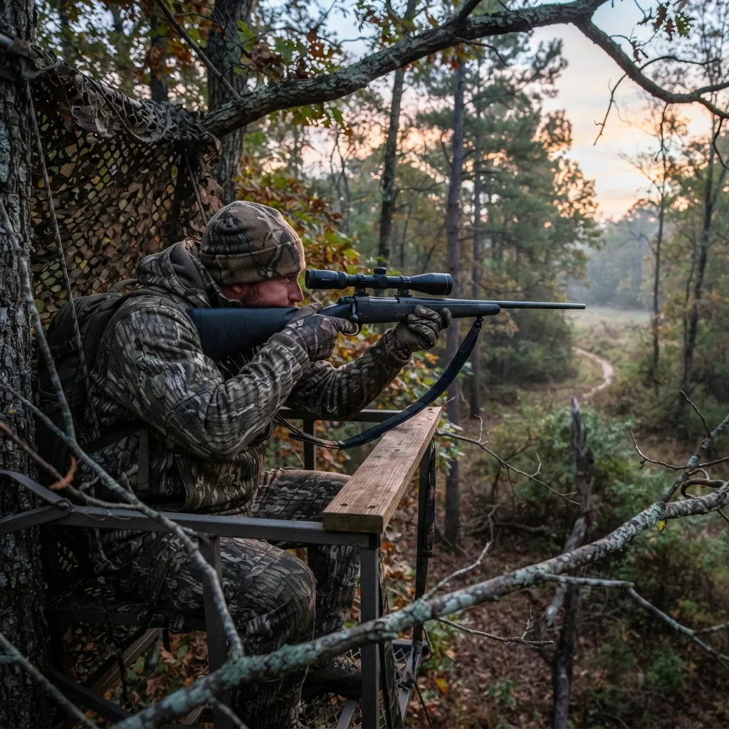 A hunter in camouflage looking through the Simmons ProTarget scope while positioned in a tree stand overlooking a field.