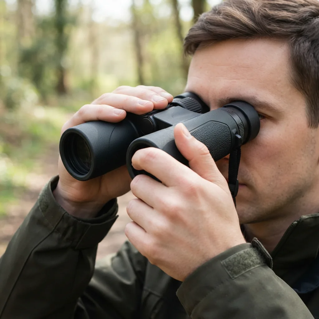 Hands adjusting the central hinge of the Simmons Pro Hunter binoculars to set interpupillary distance.