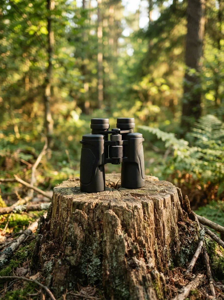 A pair of Simmons binoculars resting on a tree stump with a blurred forest background.