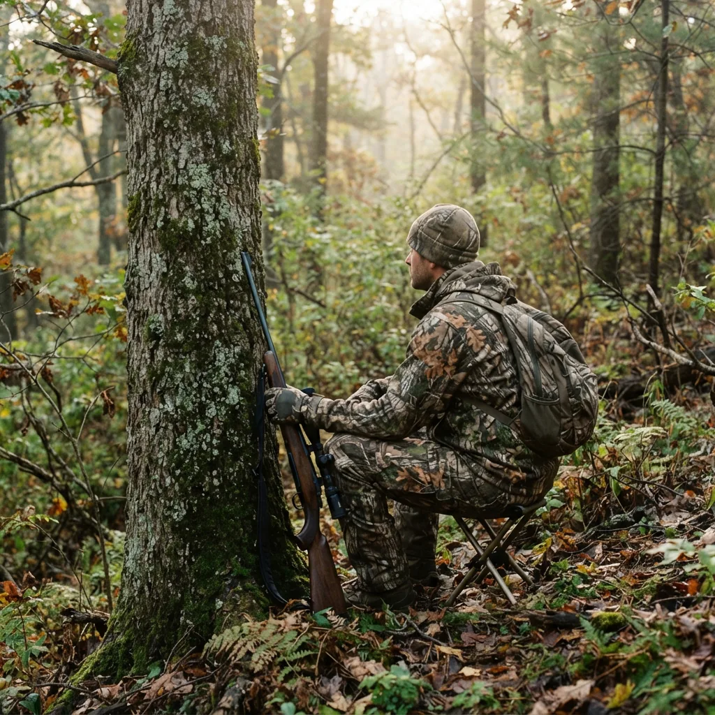 A hunter in a forest setting, with the Simmons Pro Hunter scope visible on their rifle.