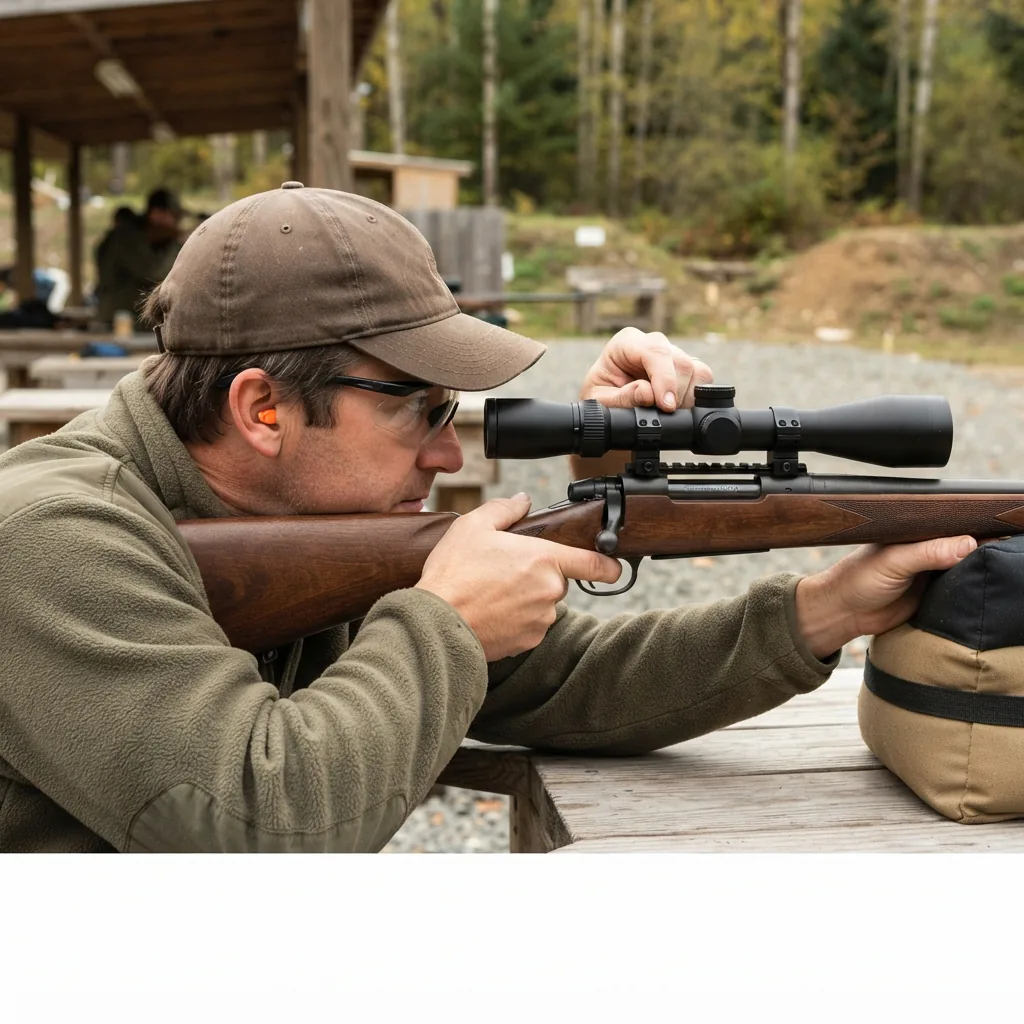 A hunter adjusting the scope's position for proper eye relief while shouldering the rifle.