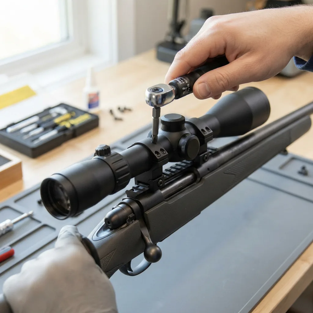 A person using a torque wrench to tighten the screws on the 30mm Weaver-style rings mounting the Simmons ProTarget scope.