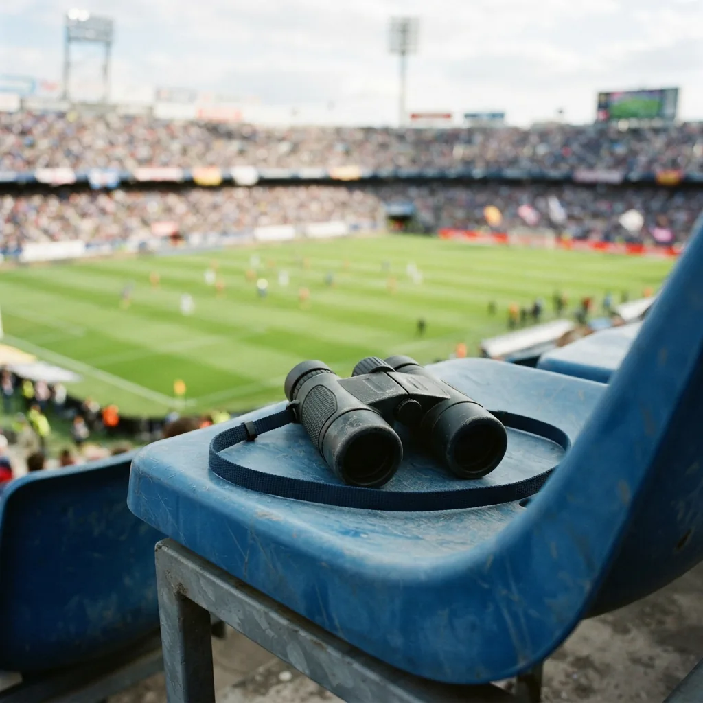 Binoculars resting on a stadium seat with a blurred sports field in the background.