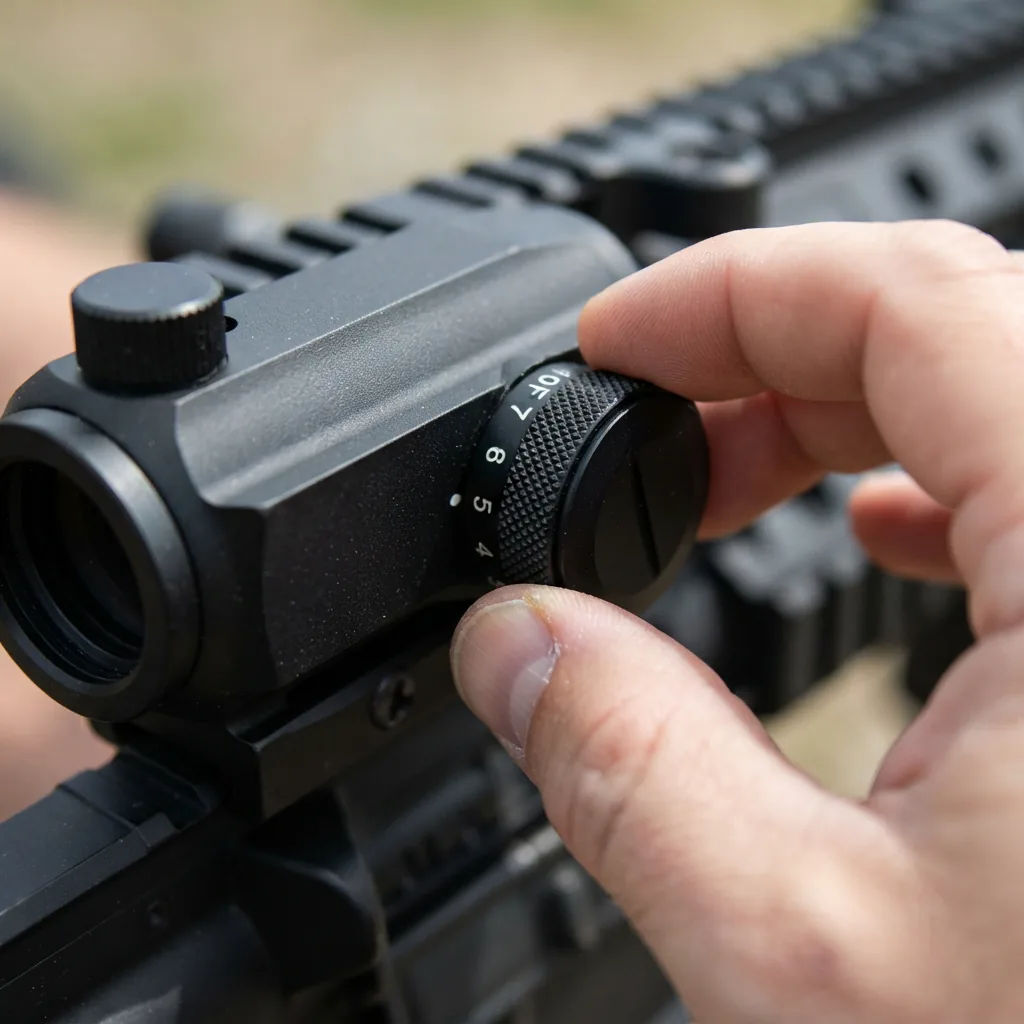A close-up of a hand adjusting the brightness dial on the Simmons Pro Target red dot sight.