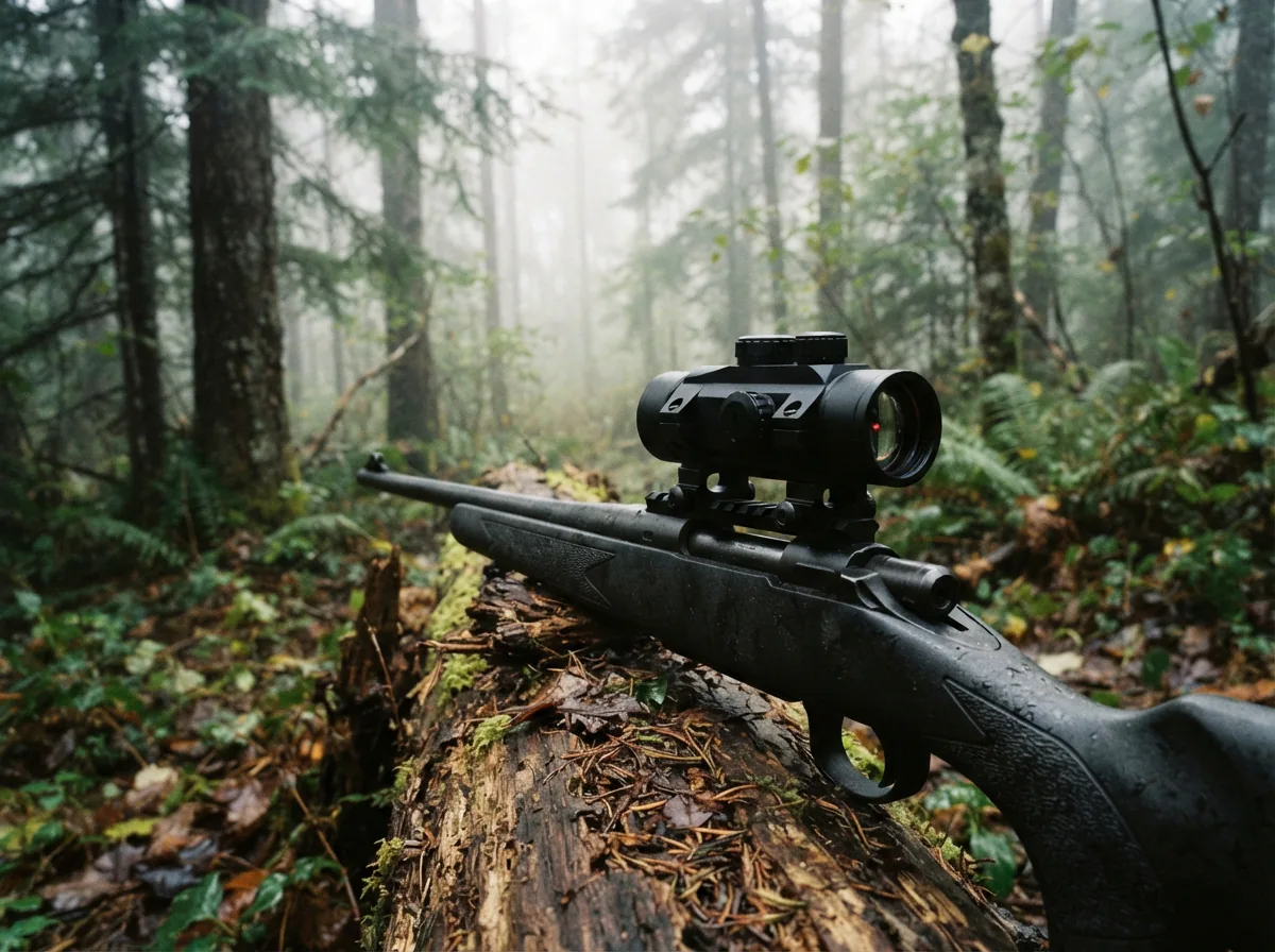 The featured Simmons Pro Target 1x30mm Tube Red Dot sight mounted on a rifle in a forest environment.