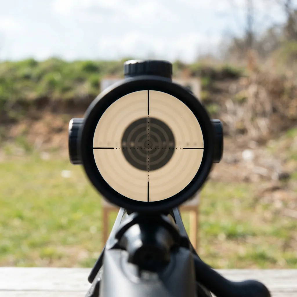 View through the Simmons ProTarget 4-12x40mm scope showing the Mil Dot reticle against a target.