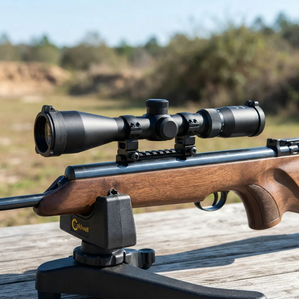 Simmons Pro Target Air Riflescope on a shooting bench.