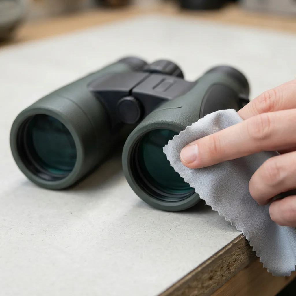 A soft cloth wiping the lens of the Simmons Pro Hunter binoculars after use.