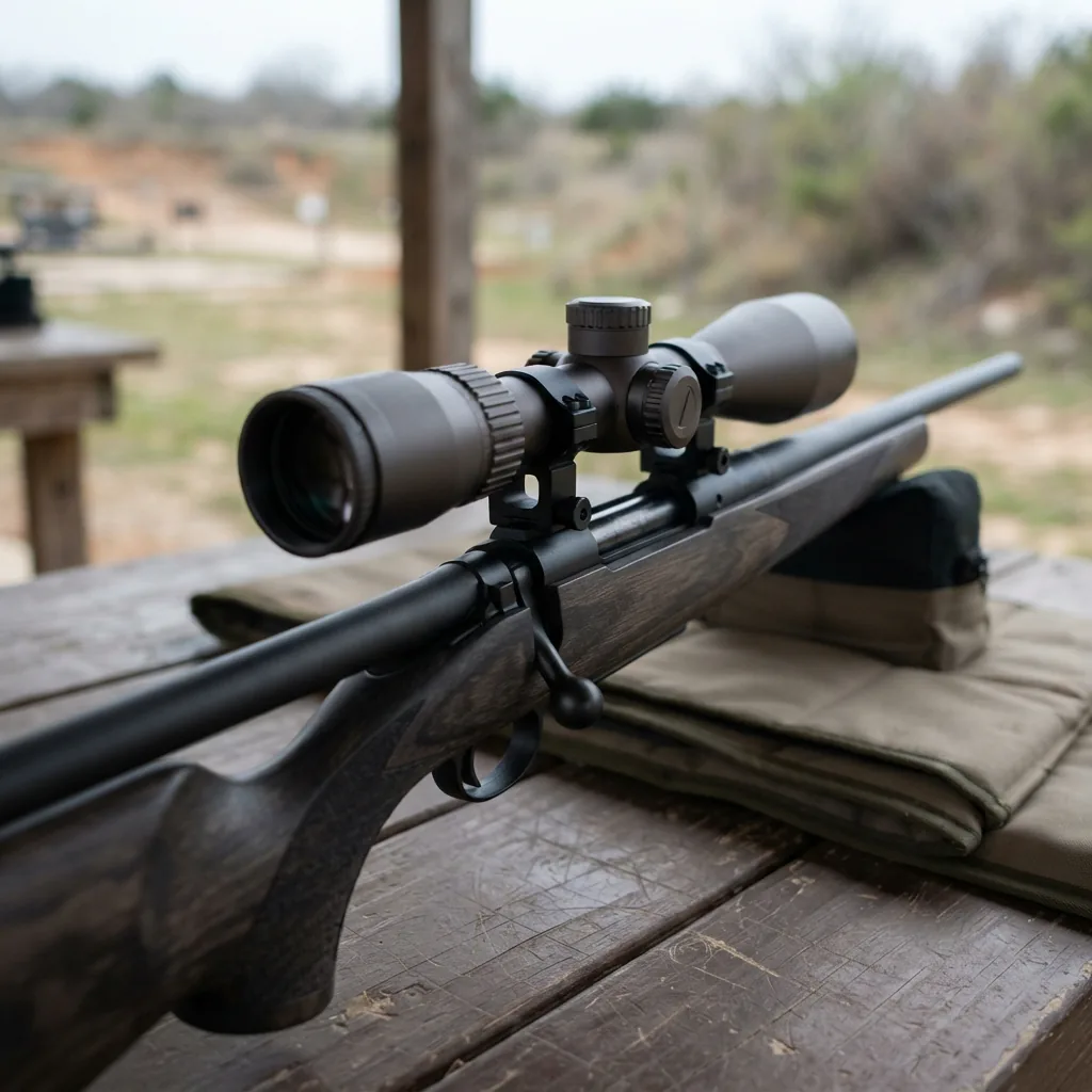 Simmons Pro Hunter 6-18x50mm Riflescope mounted on a bolt-action rifle resting on a shooting bench