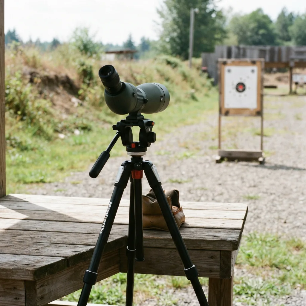 A spotting scope set up on a bench at a shooting range, focused on a paper target downrange.