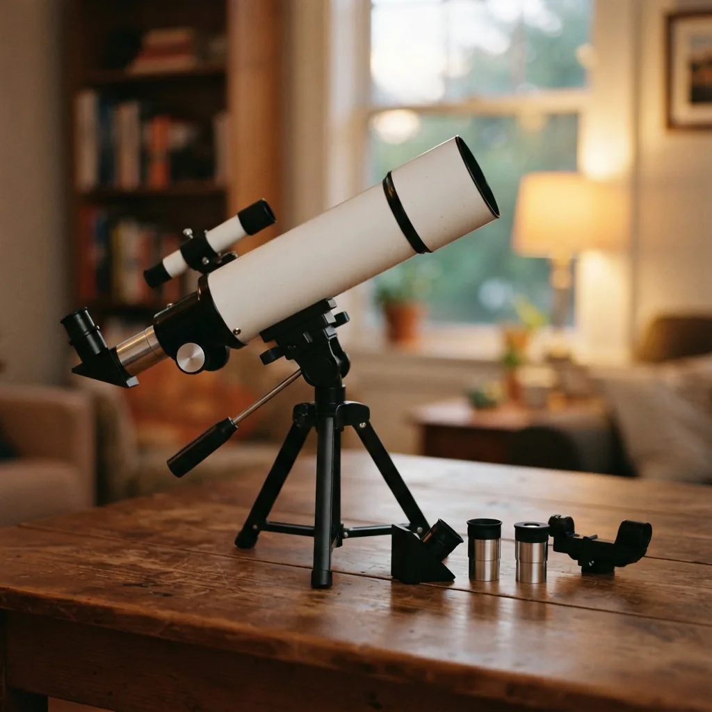The Simmons 70mm Tabletop Refractor Telescope Kit set up on a wooden table.