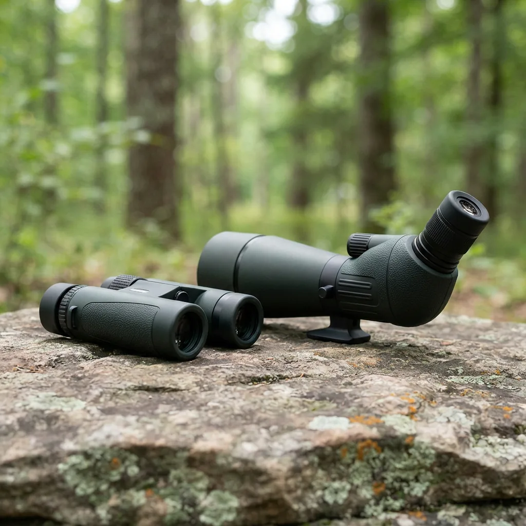 A Simmons Venture binocular and spotting scope combo set displayed outdoors on a rock.