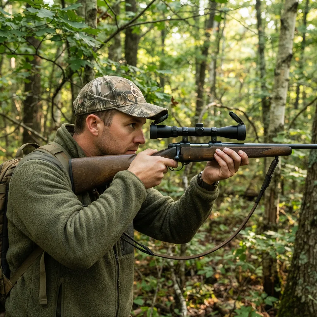 Hunter with a scoped rimfire rifle in a wooded setting.