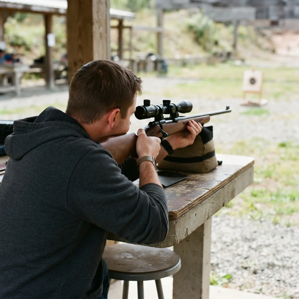 A shooter looking through the Simmons Pro Rimfire Riflescope mounted on a rifle at an outdoor shooting range.