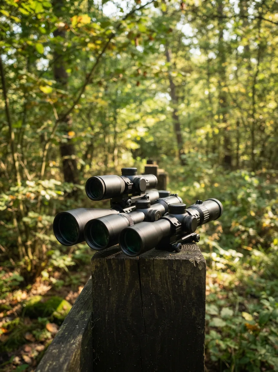 A collection of Simmons rifle scopes displayed on a wooden surface in a forest setting, ready for a day of hunting.
