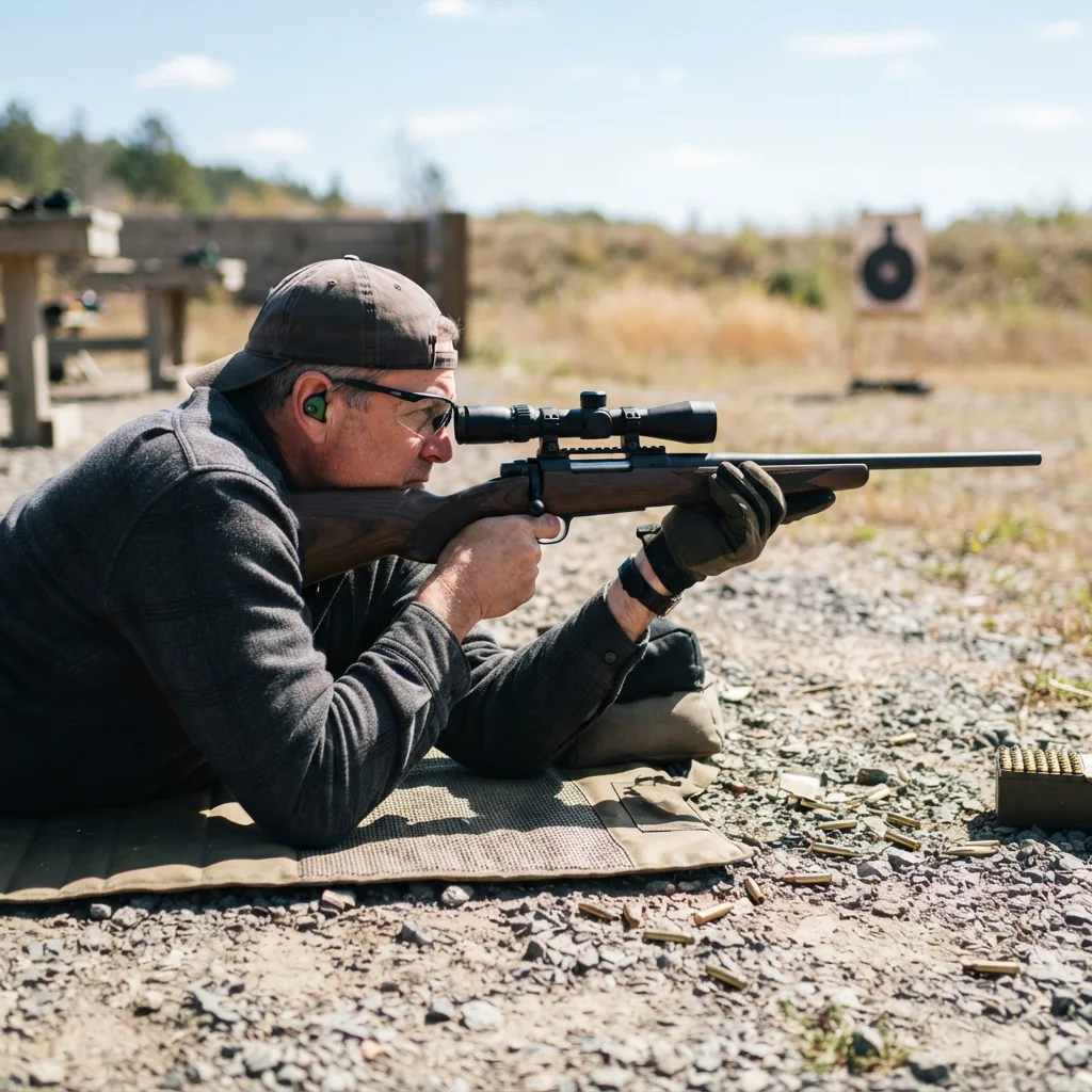 A shooter at a range using the Simmons 8-Point scope to engage paper targets.