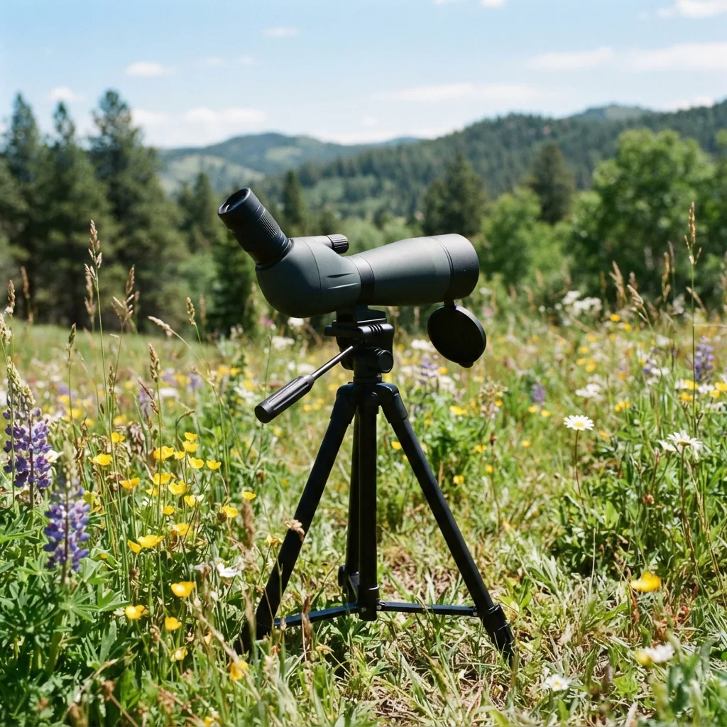 A Simmons Venture 15-45x60 spotting scope mounted on its included compact tripod in a sunlit meadow.