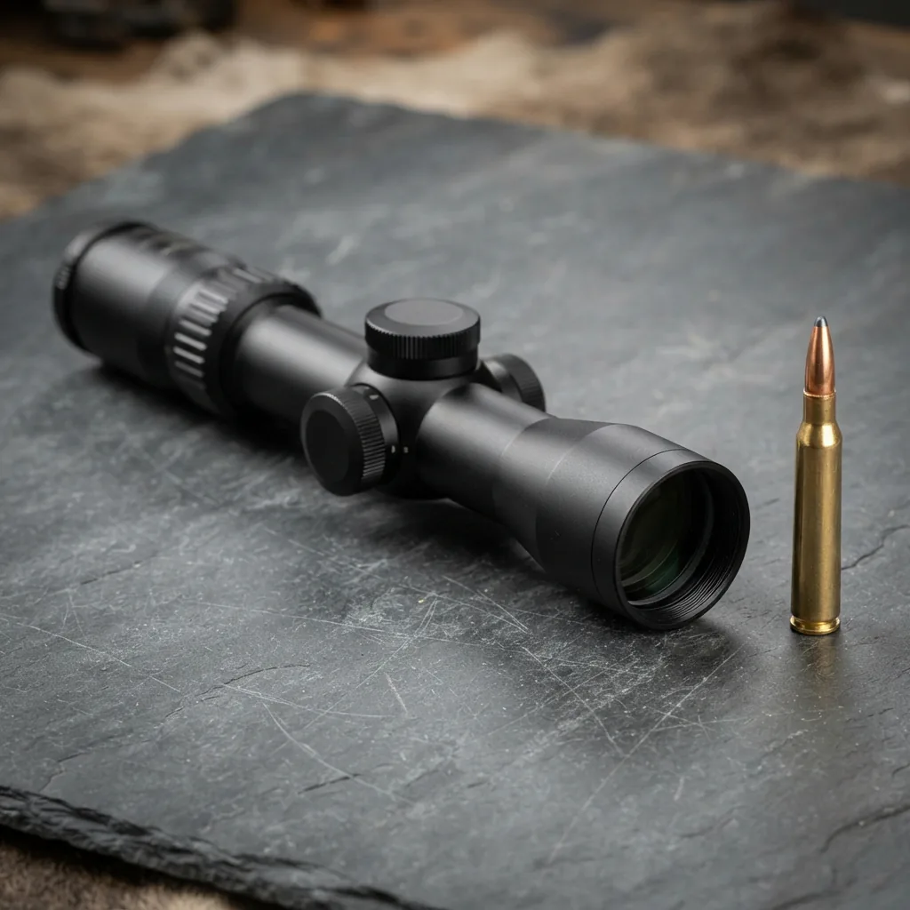 Simmons Pro Hunter 4-12x40mm Riflescope shown alongside a rifle cartridge to illustrate its moderate size