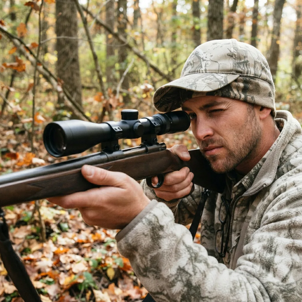 A hunter in camouflage using a rifle with the Simmons Pro Rimfire scope in a wooded setting.