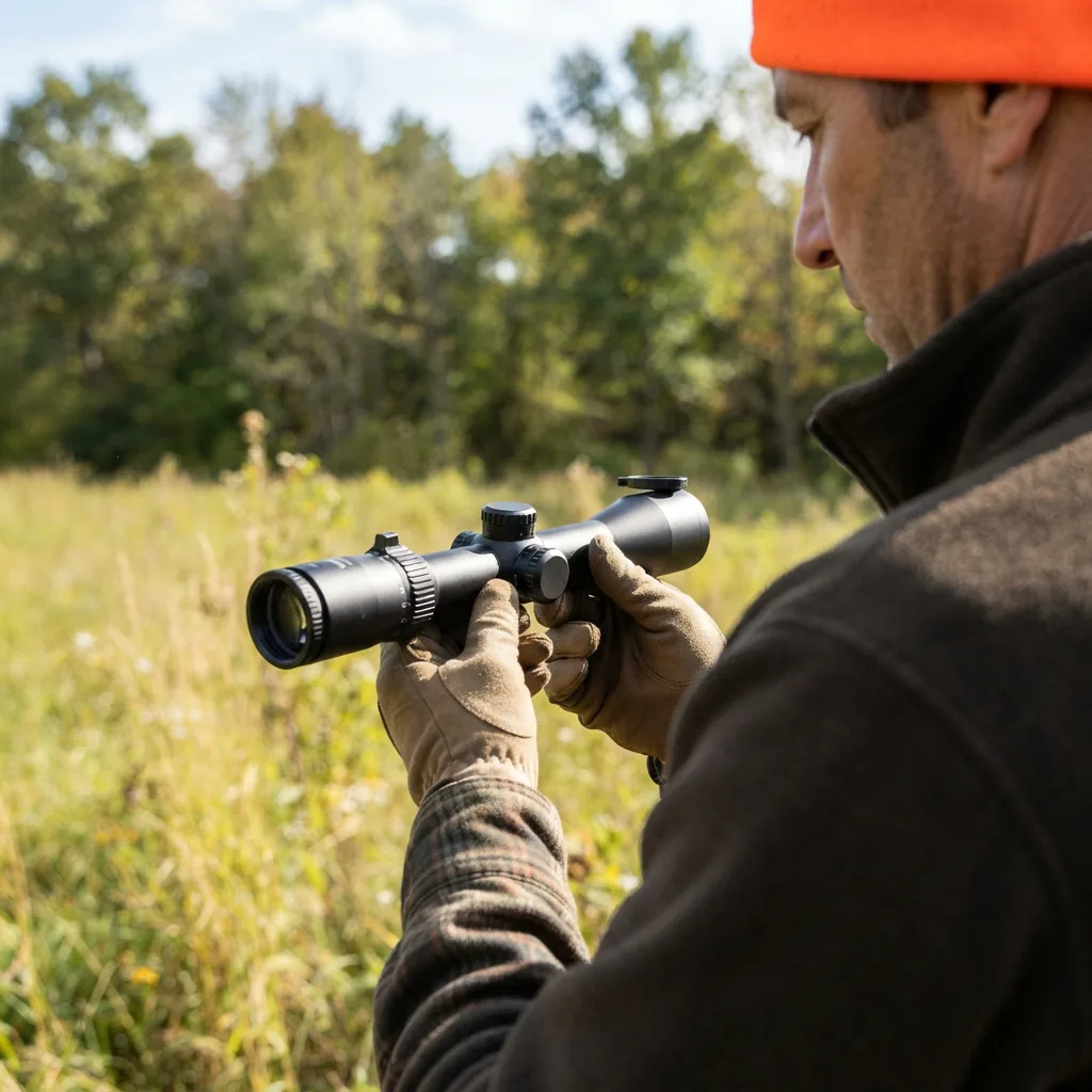 Simmons Pro Hunter 3-9x40mm Riflescope held in a hunter's hand against a natural outdoor backdrop