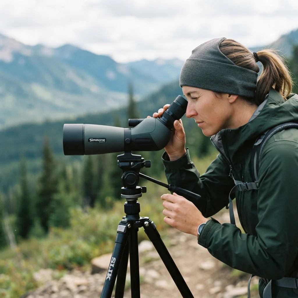 A person looking through the eyepiece of the Simmons Venture spotting scope, adjusting the zoom ring.
