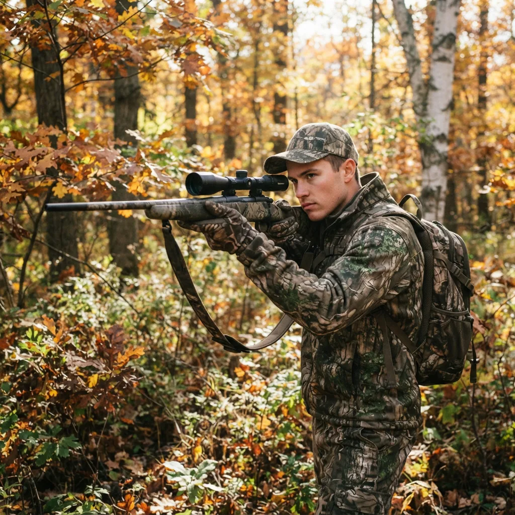 A new hunter confidently using the Simmons 8-Point scope on a rifle in a wooded hunting setting.