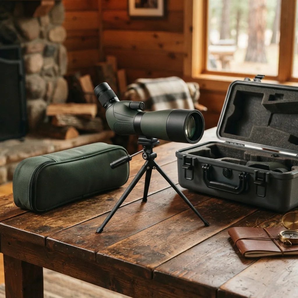 Simmons Venture 15-45x60 spotting scope with tripod and carrying cases displayed on a wooden table.