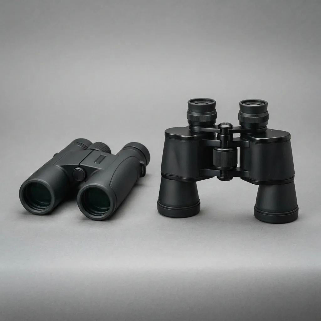 Side-by-side view of a roof prism and a Porro prism binocular showing different shapes.