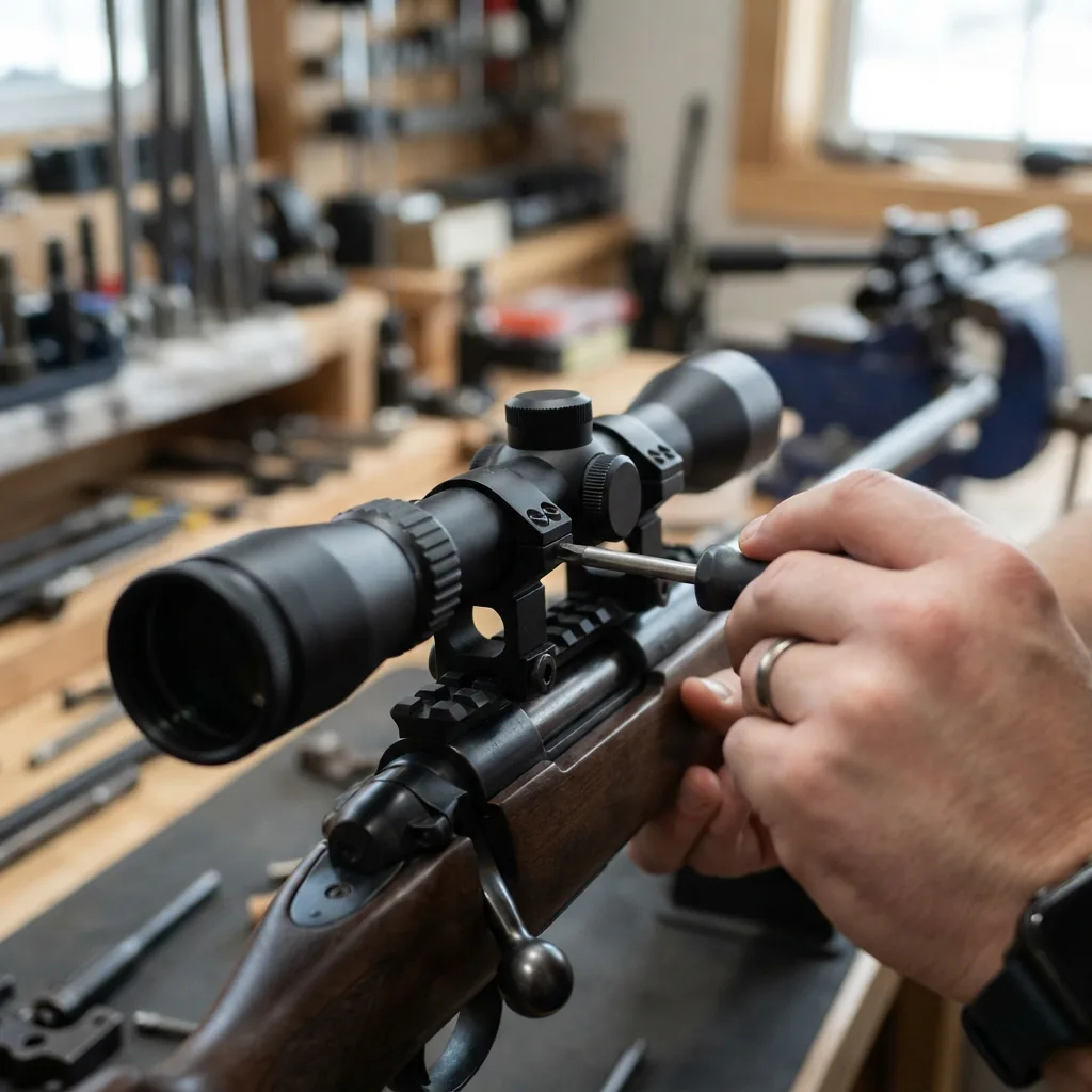 Hands using a screwdriver to mount the Simmons Pro Hunter scope onto a rifle's Weaver rail.