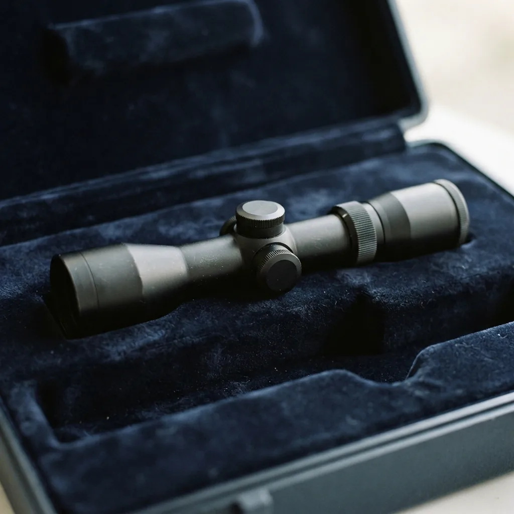 Simmons Pro Hunter 4x32mm Handgun Scope displayed on a velvet-lined presentation case