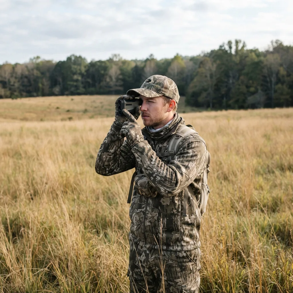 Hunter using a rangefinder to measure distance across an open field.