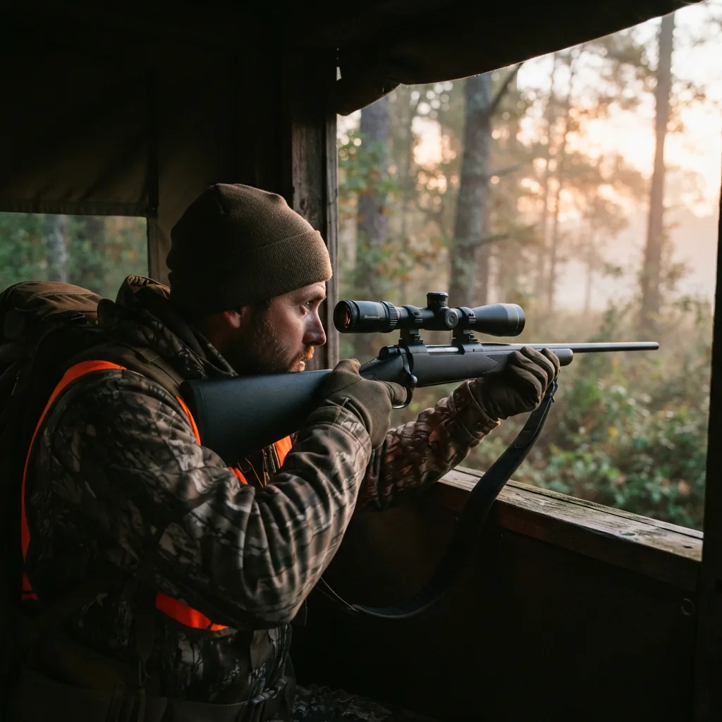 A hunter looking through a rifle scope during the dim light of dawn in a wooded area