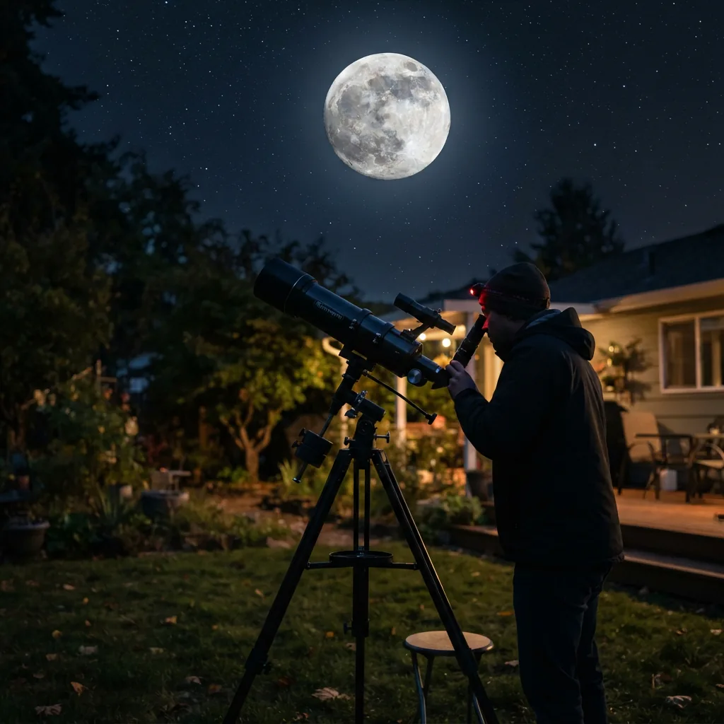 A telescope pointed at the Moon in a dark night sky.