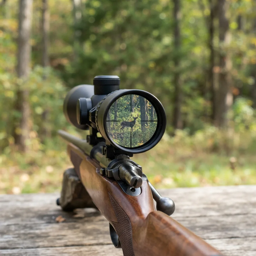 A riflescope showing a clear view of a distant target at high magnification, illustrating long-range precision.