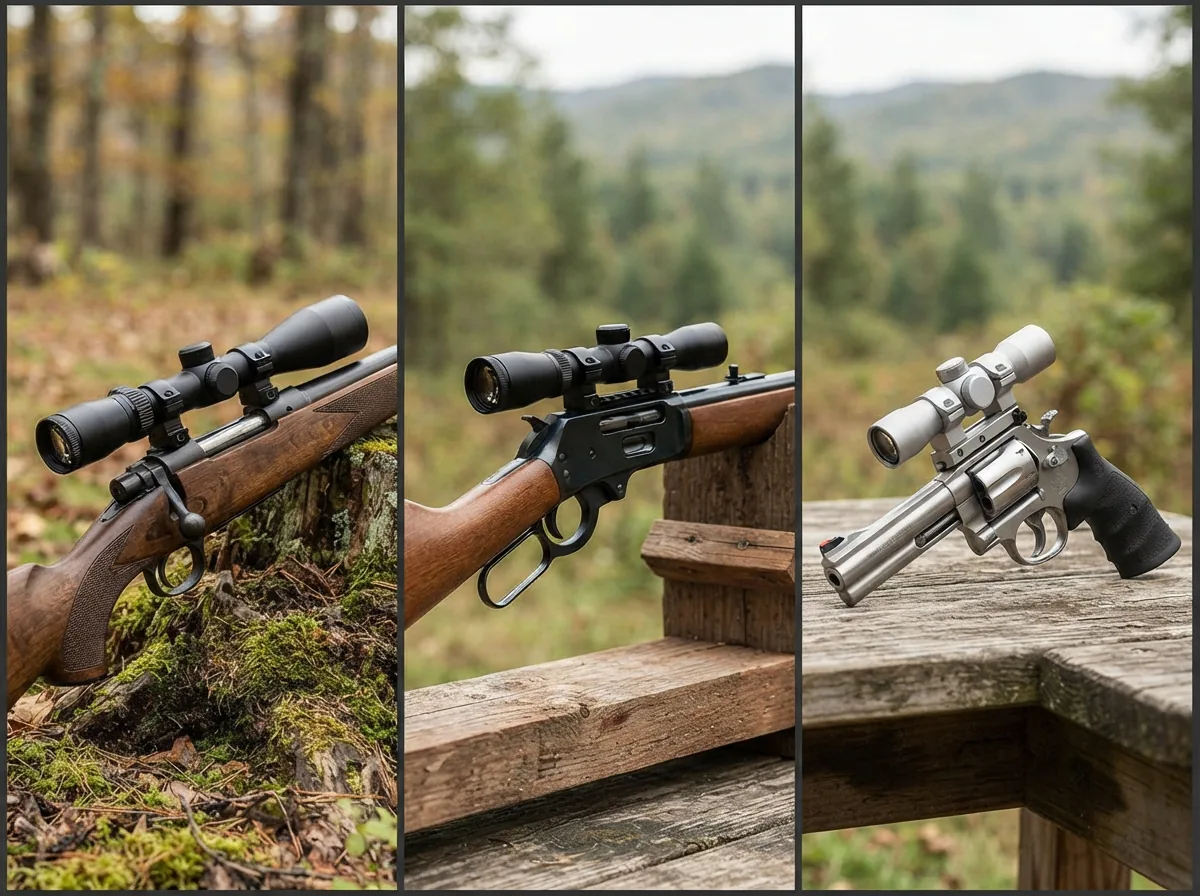 Three distinct riflescopes representing different categories (standard, rimfire, handgun) arranged in a triptych layout