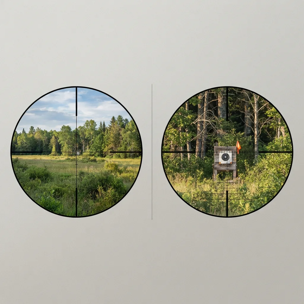 A side-by-side comparison showing the field of view through a low-power and high-power riflescope